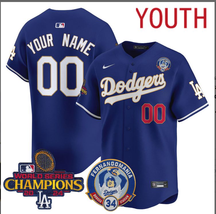 Youth MLB Los Angeles Dodgers Custom blue 2024 World Series Champions Patch Cooperstown Jersey style 9->customized mlb jersey->Custom Jersey